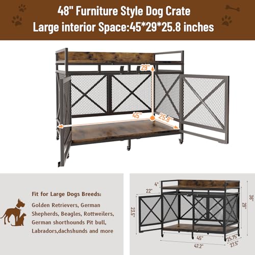 48" Dog Crate with Wheels (Brown / 36.0"L x 27.5"W x 47.2"H)