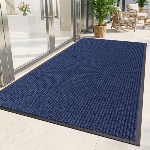 Front Door Mat Outside Entrance (Blue Striped / 4' x 6' (Rectangular))
