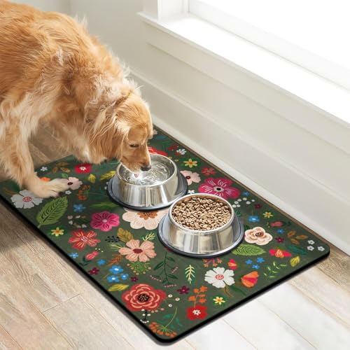 Dog Food Mats for Floors (Dark Green / 20"L x 12"W)