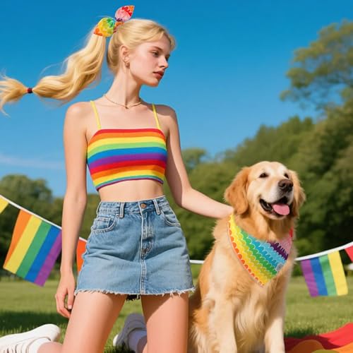 Rainbow Dog Bandanas & Matching Scrunchie Set Girl Cute Pride Dog Scarf Bibs Pet Bandana with Bow Tie for Medium Large Dogs Owner Mom Summer (rainbow-02 / Large-set of 1)