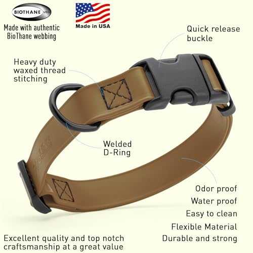 Biothane Waterproof Dog Collar with Quick Release Buckle Strong Coated Nylon Webbing with Odor (3/4"W by 12-19"L / Coyote Brown)