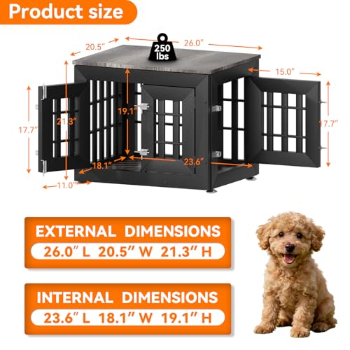 26" Heavy Duty Dog Crate Furniture for Small (26.0"L x 20.5"W x 21.3"H / Black+Grey)