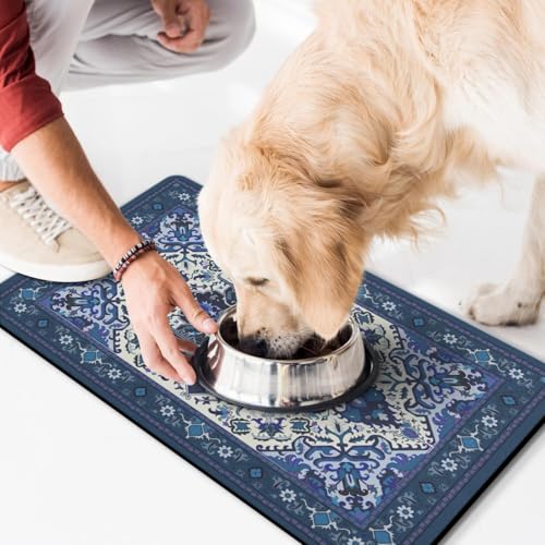 Pet Feeding Mat for Floors Waterproof Dog Mat for Food and Water Absorbent Quick Dry Non Slip mat for Cat Bowls (30"L x 17"W / BlueBoho)