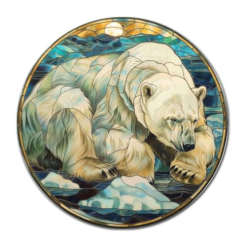 Metal Sign Tin Sign Circular Stained Glass Polar Bear Bar Signs for Home Decor for Pet 12×12 Inches (12×12 Inches / Polar Bear-2)