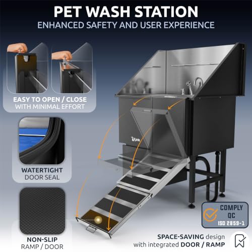 Professional Dog Washing Station 304 Stainless Steel Pet Wash Sink (Black, Right Ramp, 1 Drawer / 40 Inches)