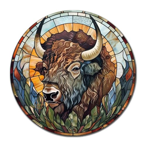 Metal Sign Tin Sign Circular Stained Glass American Bison Metal Sign for Pet 8×8 Inches (8×8 Inches / American Bison-2)