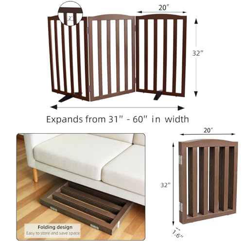 Foldable Freestanding Indoor Dog Gate for House Wood Long Pet Gates Dog Fence for Stairs Puppy Gates for Hallways (Brown / 【3 Panels】60''w X 32''h)
