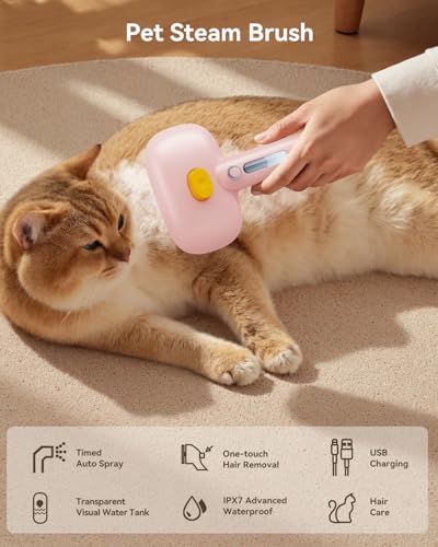 3-in-1 Pet Steam Brush,Spray Hair Removal Detangling Comb,Pink (Pink)