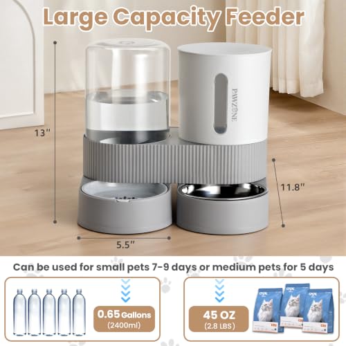 2 Pack Automatic Cat Feeder Stainless Steel Water Dispenser Gravity Food Feeder and Waterer Set with Pet Food Bowl for Small Medium Kitten Puppy Pets Large Capacity (Grey)