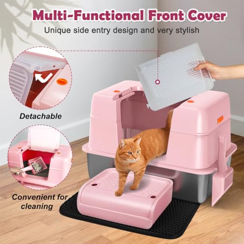 Pink Stainless Steel Covered Cat Litter Box (Pink((With Mat&Step))