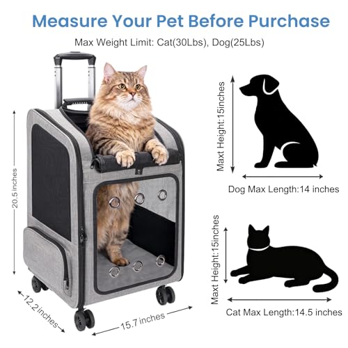 Extra Large Cat Backpack Carrier with Wheels for Cats Under 30 Lbs (15.7"L x 13.7"W x 21.7"H)