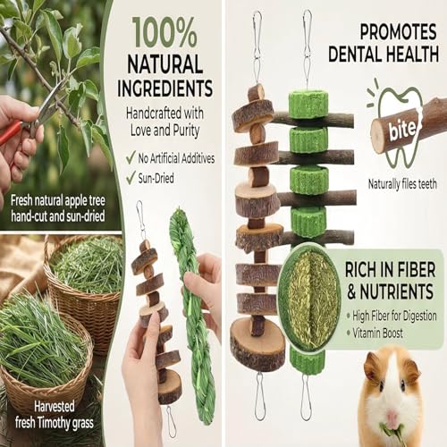 5pcs Hanging Rabbit Chew Toys Hay Ball Apple Stick Wood Pet Snack (String-5pcs)