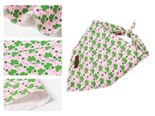 St. Patrick's Day Dog Bandana Washable Cotton Pink Handkerchief Scarf Triangle Clover Bandana for Medium Large Dogs Girl Boy (St. Smile Clover / Large (Pack of 1))