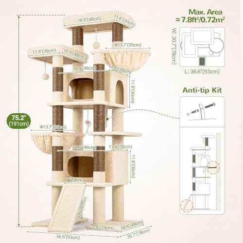 Giant Tall Heavy Duty Cat Tower for Indoor Large Cats (Beige / 75 inch)