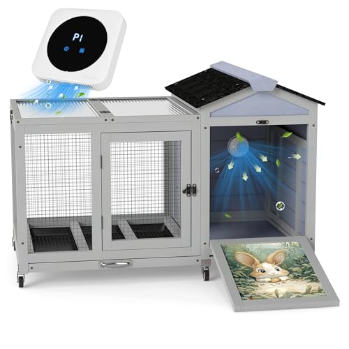 39IN Heated Rabbit Hutch with Wheels (Grey)