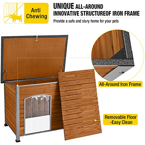 Insulated Dog House Outdoor & Indoor Wooden Dog Kennel for Winter with Raised Feet Weatherproof for Small & Medium & Large Dogs (43.3"Brown)