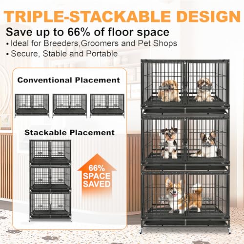 2 Pack Three Tiers 43" Stackable Heavy Duty Double Dog Crate Bank (43.0"L - 3 Tiers - 2P)
