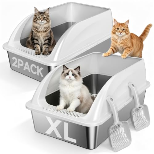 2 Pack XL Stainless Steel Litter Box with High Sides for Large Cat (Light Gray-2Pack)