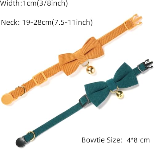 2 Pack Soft Corduroy Cat Collars with Bow Tie & Bell Adjustable Breakaway Kitten Bowtie Collar for Girl Boy Cats (S:Neck 7.0" - 11.0" / Corduroy-Orange Green)