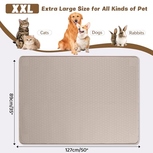 Cat Food Mat Extra Large Silicone Pet Bowl Mat 50''x35'' (Khaki / 50"L x 35"W)