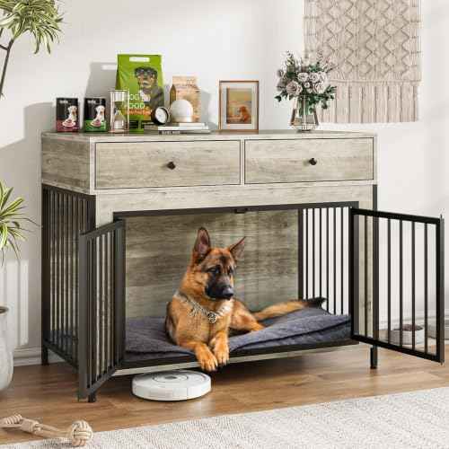 44 Inch Large Dog Crate Furniture with 2 Storage Drawers (New Grey / 44.5"L x 23.6"W x 34.5"H)