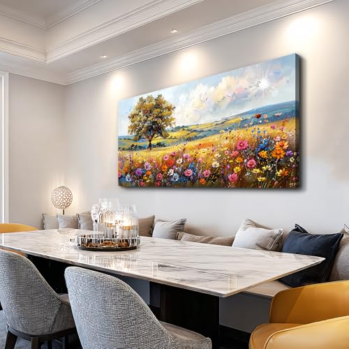 Canvas Wall Art For Living Room Wall Decor For Bedroom Office Decorations Field Pictures Artwork Flower Scenery Watercolour Wall Paintings Aesthetic Room Home Decor Ready to Hang (40"L x 20"W / Field Landscape)