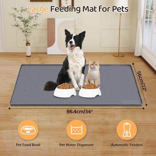 Dog Food Mat 34''x22'' Large Dog Mat for Food and Water (34"L x 22"W / Dark Grey-Rhombus)