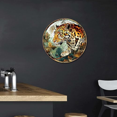 Metal Sign Tin Sign Circular Stained Glass Leopard Vintage Metal Sign for Gift 12×12 Inches (12×12 Inches / Leopard-2)