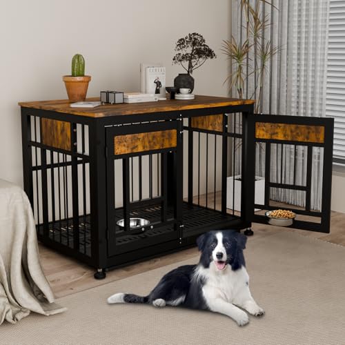 Heavy Duty Dog Crate Furniture (Rustic Brown & Black / 38.2"L x 26.0"W x 27.7"H)