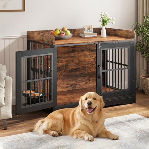 46" Dog Crate Furniture with Rotating Tray for Large Dogs Up to 55 lbs (Black / America Large)