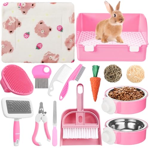 15 Pcs Rabbit Starter Kit Small Rabbit Litter Box Girls Gift Animal Grooming Kit Bunny Toys Bowl Blankets with Cleaning Set for Guinea Pig Accessories (Light Pink)