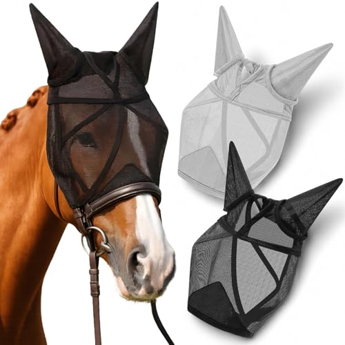 2 Pcs Horse Fly Mask with Ears Adjustable UV Protection Horse Fly Mask Accessories Large Eye Space with Ears for Horses Summer (XL-warmblood)
