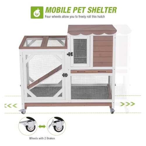 Rabbit Hutch Indoor Rabbit Cage with Wheels Outdoor Bunny House 2 Story Guinea Pig Cage with Leakproof Tarp Roof (Brown)