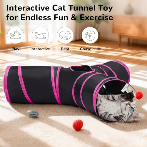 Cat Tunnel, 3-Way Collapsible Toy, Large Size Black & Rose Red (Black & Rose Red / Large)