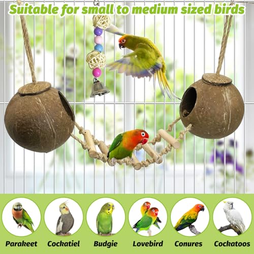 5Pcs Bird Coconut House with Ladder Parakeet Coconut Nest for Cages Parrot Hut Hanging Natural Coconut Fiber Conure Chewing Toys for Cockatiel Budgie Lovebird Cockatoos