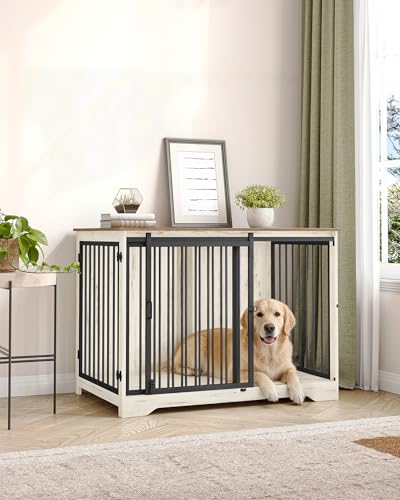43.3" XL Dog Crate Furniture Indoor Dog Kennel with Barn Door (White Brown / 43.3"L x 27.5"W x 31.8"H)