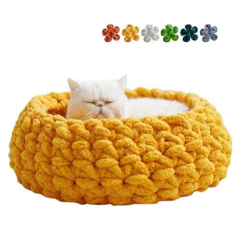Cat Nest Bed Handwoven Washable Round Cave Kitten (Persimmon Yellow / Medium)