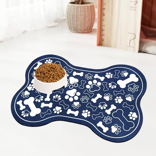 Dog & Cat Food Mat Bone Shaped Pet Feeding Mat Quick Absorb Water Bowl Placemat with Rubber Backing Indoor Floor Stain Resistant Pet Accessory Supplies (Blue / 16"L x 24"W)