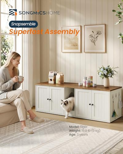 Toolless Assembly Litter Box Enclosure (Rustic White + Honey Brown / XXL (57.8"L x 19.7"W x 19.7"H))