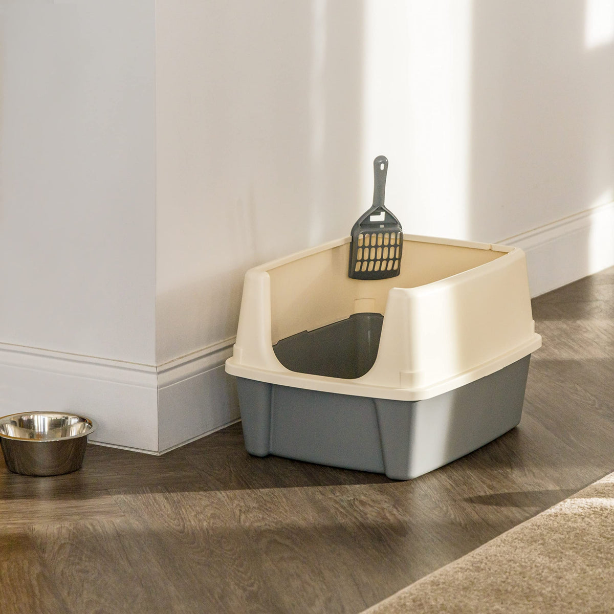 Large Cat Litter Box with High Sides (Grey/Beige / Open Top)