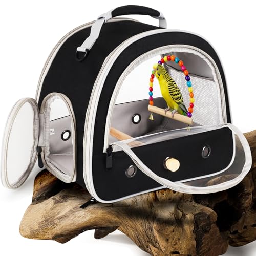 Portable Parrot Travel Cage Carrier with Small Swing Toy&Cage Colorful Toys Set Small Bird Parakeet Bag with Standing Perch Bird Carry Transport Bag (Black / 12.0"L x 7.0"W x 12.0"H)