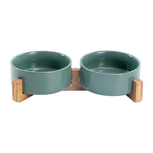 Ceramic Dog and Cat Bowl Set with Wooden Stand (1.7 cups / Light Green × 2)