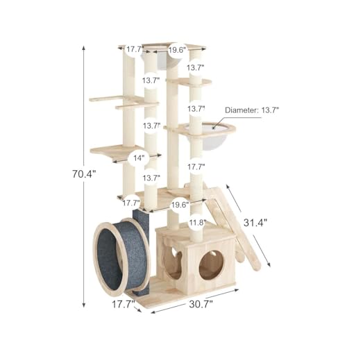 Large Cat Tree Tower Solid Wood (52.36 x 70.47 x 17.72 in)