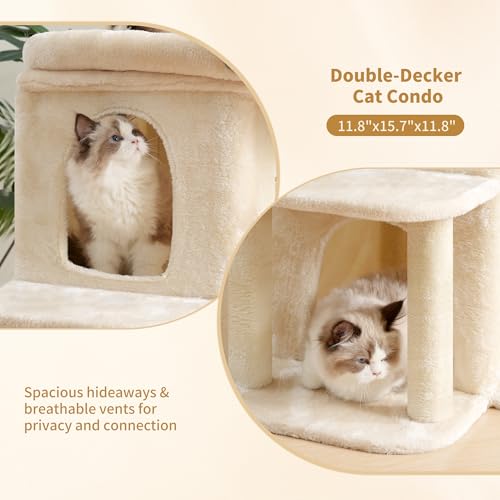 25.6" Cat Tree for Large Cats with Big Perch & Dual Condos HCT204SM (Beige / 25.6 inch)