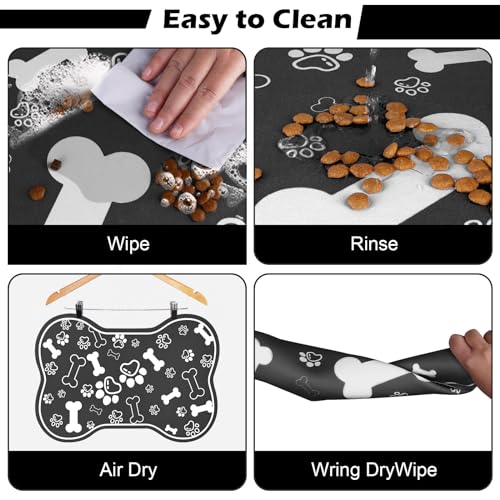 Dog Cat Food Mat (18"L x 12"W / Bone Shaped Black)
