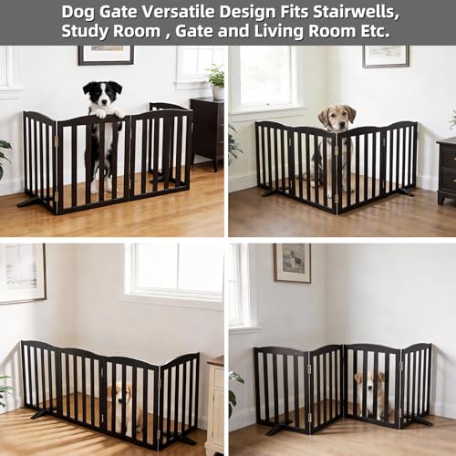 Foldable Freestanding Indoor Dog Gate for House Wood Long Pet Gates Dog Fence for Stairs Puppy Gates for Hallways (Black / 【4 Panels】80''w X 24''h)