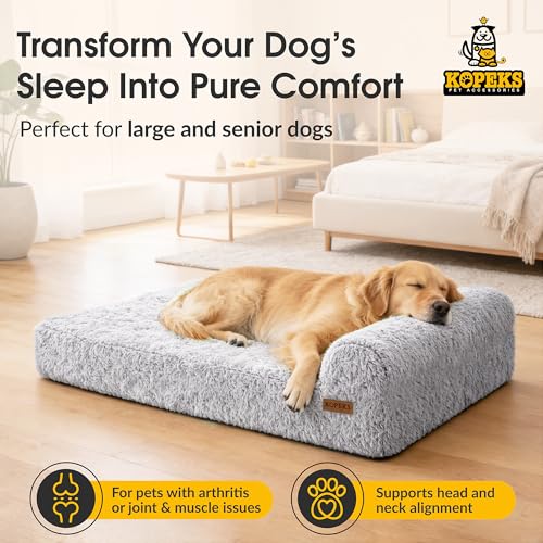 Orthopedic Memory Foam Dog Bed 7" Inch Thick Extra Large Dog Bed with Pillow Fluffy Grey 50"x34"x10" Includes Waterproof Liner & Durable Removable Cover with Smart Design (Grey - Fluffy / XL - 50"x34"x10")