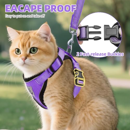Cat Harness and Leash Set Escape Proof Reflective Cat Walking Harness Adjustable Soft Breathable Mesh Vest for Small Pets (S (NECK 9.5"-11", CHEST 13"-16") / Purple)