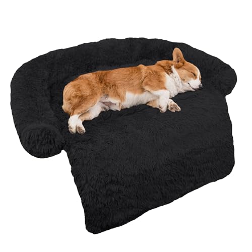 Calming Dog Bed Fluffy Plush Dog Mat for Furniture Protector with Removable Washable Cover for Large Medium Small Dogs and Cats (Black / 41.0"L x 37.0"W x 6.0"Th)