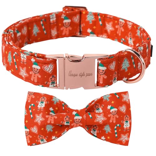 Christmas Day Dog Collar with Bow Red Gingerbred Cotton Puppy Collars for Small Medium Large Dogs (Large / Green hat gingerbread bow)